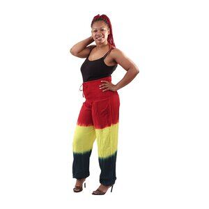 Women’s Rasta Tie Dye Pants – Red Yellow Green Boho Harem Trousers, High Waist